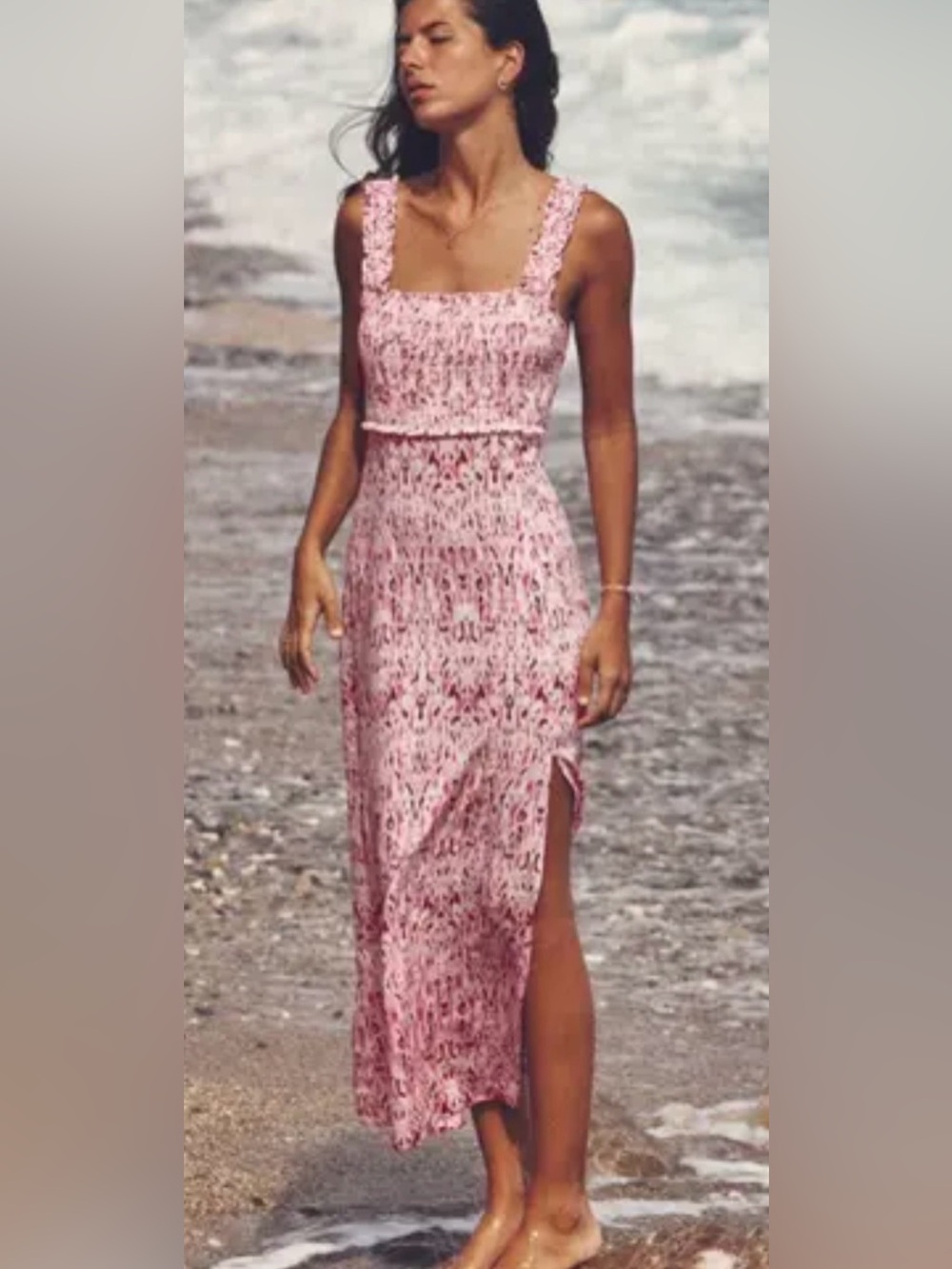 Zara Pink Floral Linen Midi Dress with Side Slit